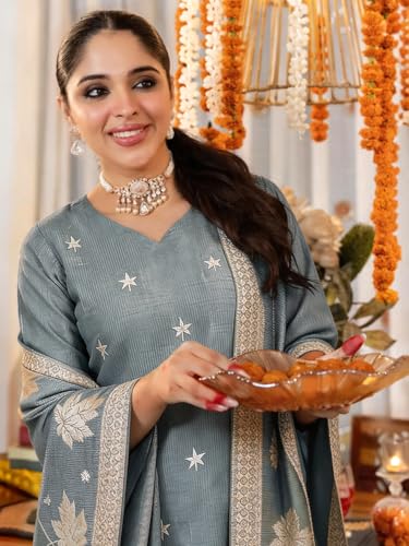 Image of Pinkmint Women Jacquard Silk Ethnic Kurta with Dupatta Suit for Women | Straight Fit Designer Wear with Woven Pattern & Tassel Dupatta | Availble in Plus Size