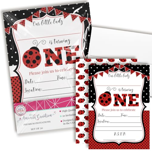 Red Ladybug First Birthday Party Invitations for Girls, 20 5x7 Fill In Cards with Twenty White Envelopes by AmandaCreation