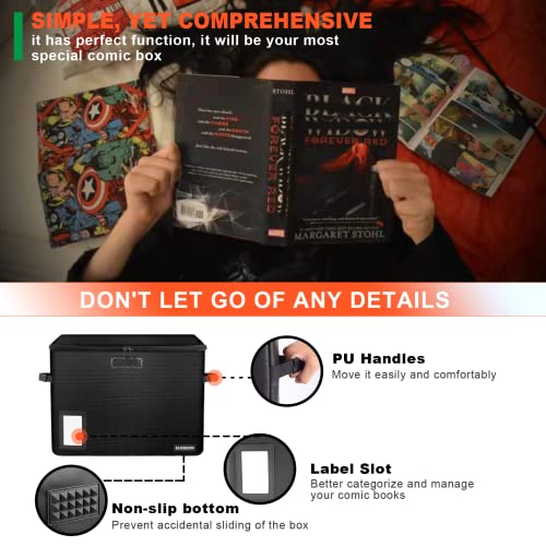 Image of 2 Pack Comic Book Storage Box, ELOBOON Fireproof & Water-Resistant Comic Book Box with Lock and Label Window, Moistureproof Comic Short Box with Fire Zipper, Comic Book Bin with Non-Slip Bottom, Black