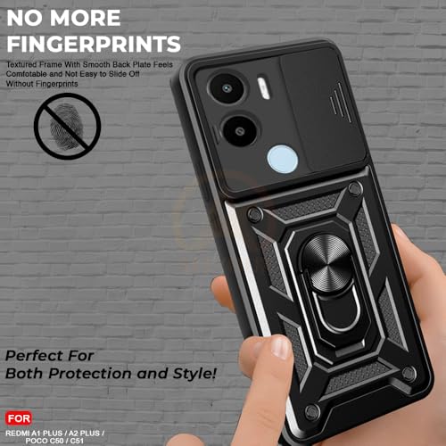 Image of Armor Bumper Back Cover Case for Redmi A1 Plus /Poco C50 Rotating Camera Cover, Ring Holder & Kickstand | Heavy Duty & 360 Degree Protection Redmi A1 Plus /Poco C50 Back Cover (Black)