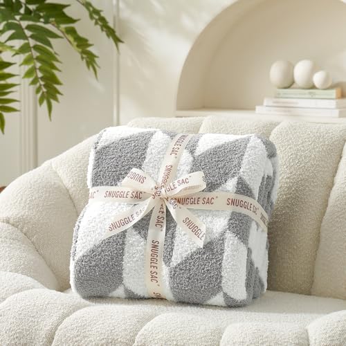 Image of Snuggle Sac Chevron Throw Blanket for Couch, Reversible Super Soft Warm Blankets Cozy Knit Fuzzy Plush Lightweight Throws for Sofa, Bed, Camping,Grey,50x60 inches