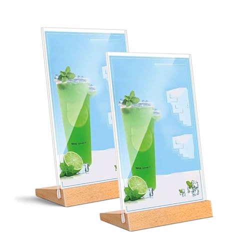 Folgtek 2 Pack A4 Acrylic Sign Holders, Vertical L-Shape Acrylic Table Stands Wooden Base Menu Holders for Restaurants, Office, 297 * 210mm