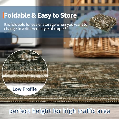 GarveeHome Large Area Rugs 8x10 Brown Washable Rugs for Living Room Soft Non Slip Bedroom Rug Botanical Floral Vintage Low Pile Carpet Non Slip Ultra Thin Floor Carpet for Dining Room Nursery Office