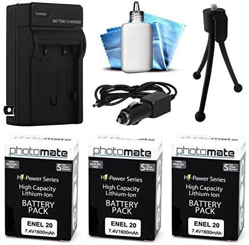 (3 Pack) PhotoMate EN-EL20 EL20 Ultra High Capacity Rechargable Battery 1600mAh + Rapid Home AC Wall Charger + Car Adapter + Euro Plug + More for Nikon COOLPIX A 1 AW1 J1 J2 J3 S1 1AW1 1J1 1J2 1J3 1S1