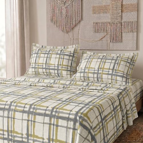 Image of LANE LINEN Symphony | 100% Cotton Sheet Set | Soft & Breathable Fabric | 3 Piece (1 Bedsheet + 2 Pillow Covers) | Double Bed Sheet Set - Yellow & Grey Linear Grid