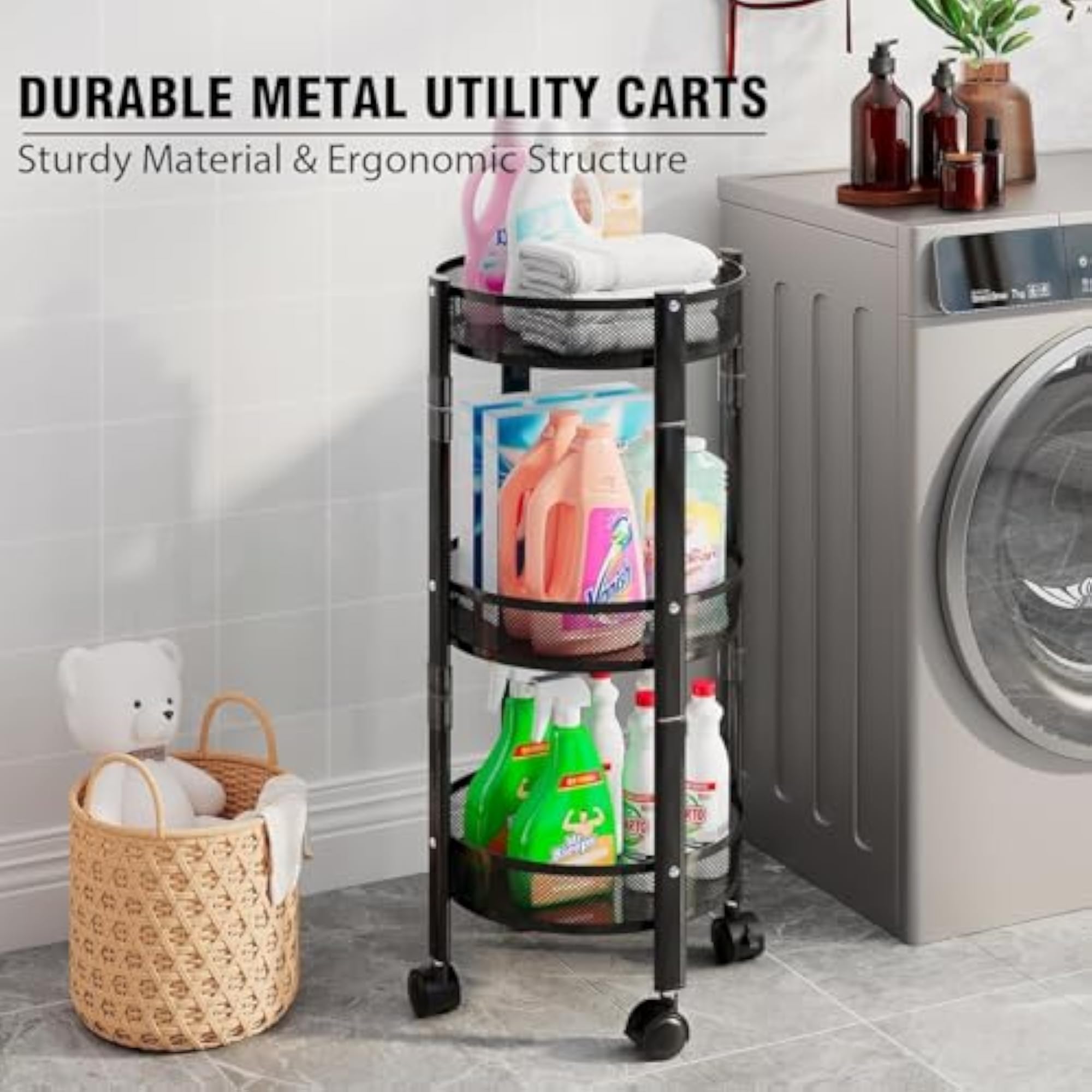 3 Tier Rolling Cart with Wheels, Metal Mesh Organizer
