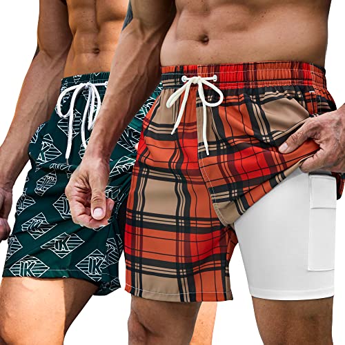 Kbvot Mens Swim Trunks With Compression Liner 7 Inch Inseam 2 Pack Quick Dry Stretch Beach Shorts Bathing Suits Swimwear #TOP4