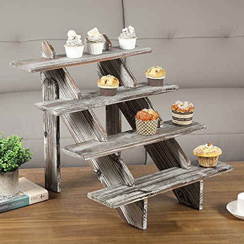 Mygift Rustic Torched Brown Wood Retail Display Riser, Cascading 4-Tier Decorative Merchandise And Cupcake Stair Stand #TOP1
