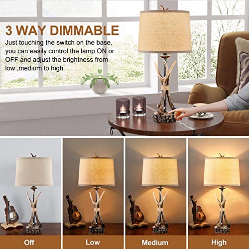 Fullarge Touch Rustic Table Lamps For Bedroom Set Of 2,3 Way Dimmable Farmhouse Deer Antler Bedside Lamps With 2 Usb Charging Ports, Resin Nightstand Lamps Classic Brown Finish Include 2 Led Bulbs #TOP3
