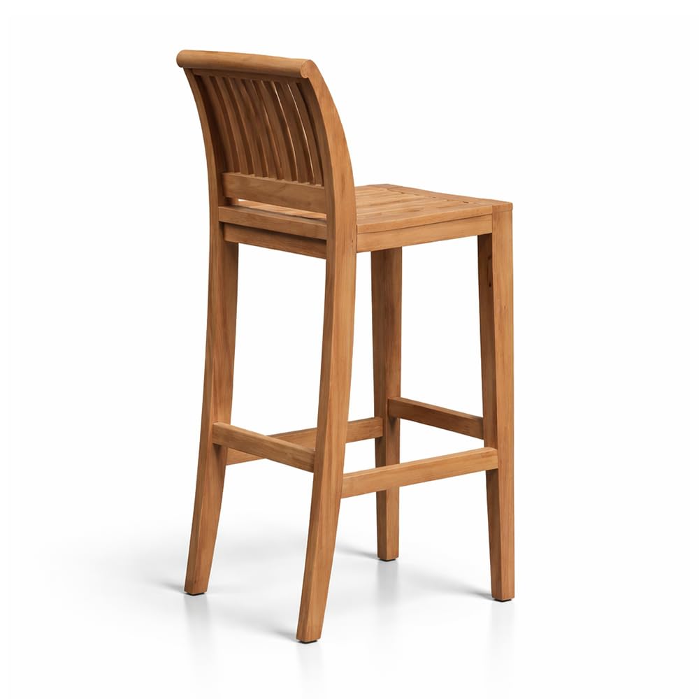 TABOURET TABOURET wysoki stołek barowy z drewna tekowego, do ogrodu, patio i kuchni na zewnątrz, wysokie siedzisko z ergonomicznym oparciem z drewna tekowego Golden | 115 x 57 x 45 cm