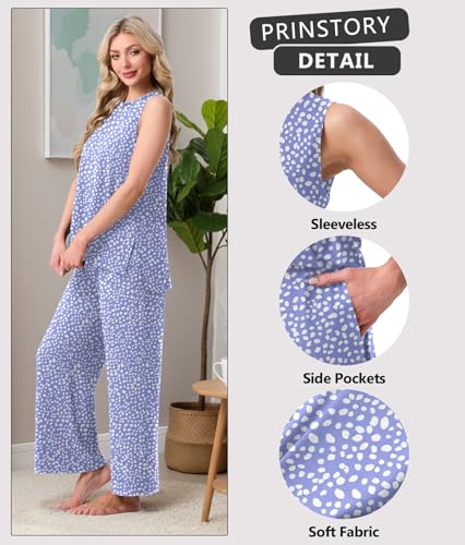 Image of PrinStory Womens Pajamas Sets 2 Piece Soft Pjs for Women Sleeveless Pajama Set Summer Loungewear with Pockets