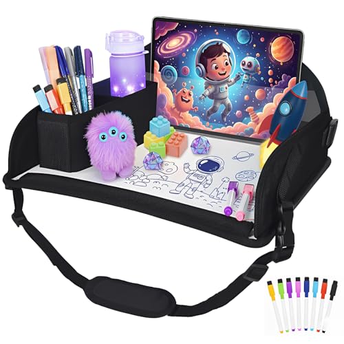 Upgraded Kids Travel Tray for Airplane - Toddler Car Seat Table Tray, Road Trip Essentials for Boys & Girls, Carseat Lap Desk for Kids Road Trip Activities, Black