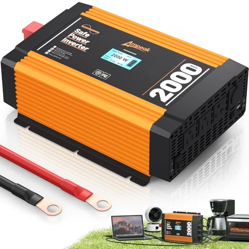 Ampeak 2000W Pure Sine Wave Inverter 12V DC to 120V AC LCD Display Power Inverter 17 Protections 3AC Outlets Dual 5V/3.1A USB Ports for Emergency Backup