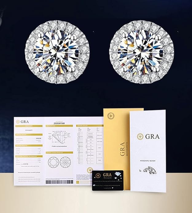 Image of GRA Certified 925 Sterling Silver Stud Moissanite Stud Earrings, 1-4ct DF Color Brilliant Halo Round Cut Moissanite Earrings 925 Sterling Silver Friction Back for Women