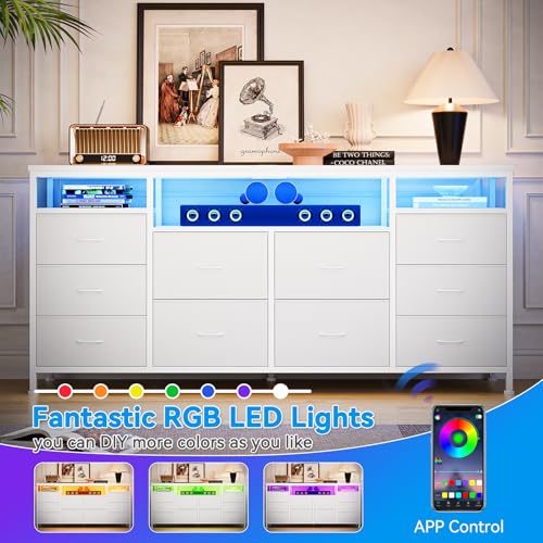 Dresser for Bedroom, White Dresser with 10 Fabric Drawers, TV Stand for 55, 65, 75 inch TV, Entertainment Center with LED Lights & Charging Station For Living Room, Closet, Hallway, White