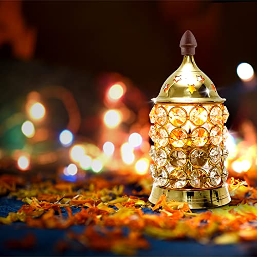 Image of Shubhkart Nitya Brass Crystal Diya for Diwali Decoration |Small Oil Lamp Lantern for Puja, Home Decor &Gifting |Decorative Deep Jyot Tea Light Holder for Mandir&Festivals (5.11 Inch,180gm), Multicolor