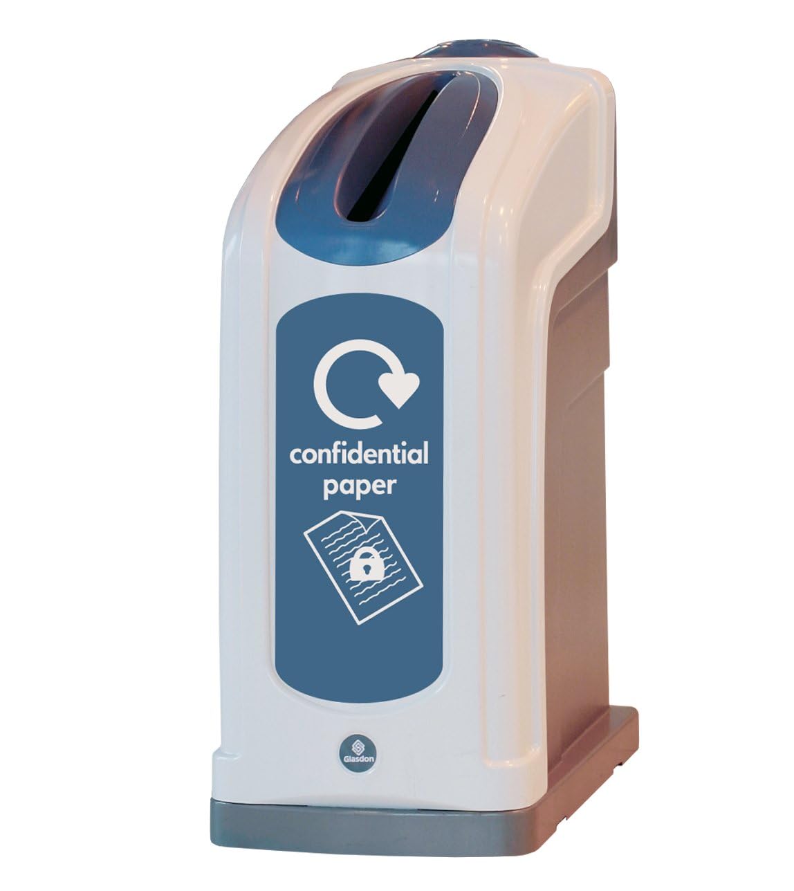 Glasdon Nexus 50 Secure Lockable Confidential Waste Bin (Grey, Blue Sticker) – 50-Litre Private Document Bin – Slim Design with Keyed Lock – Confidential Paper Office Recycling