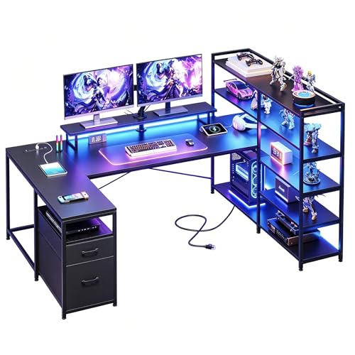 DurayLoly 63' L Shaped Gaming Desk with Monitor Stand & CPU Stand, Reversible Corner Desk with 6-Tier Shelves& 2 Fabric Drawers, Ergonomic Computer Desk with Power Outlet & LED Lights,Black