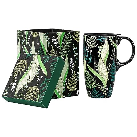 Topadorn Ceramic Coffee Mug Porcelain Latte Tea Cup With Lid Handle and Gift Box 17oz.,Green Leaf Cover