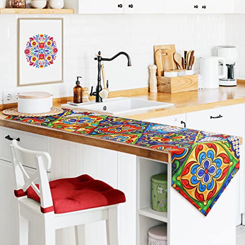 Mexican Talavera Ceramic Tile Pattern Linen Table Runners Dinner Table Setting Dresser Scarves Farmhouse Style For Party Holidays Home Kitchen Decoration (Mexican Talavera, 13"X 71") #TOP6