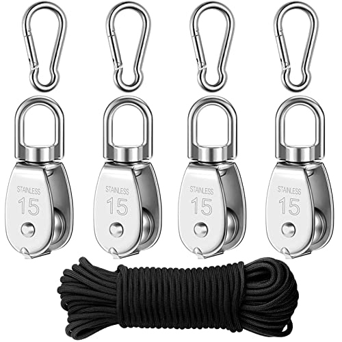 Poleas para Cables Acero,Poleas de Bloque Acero Inoxidable,Bloque de Polea Simple,Polea de Acero Inoxidable,Polea de gancho,Juego de polea,con 30M Nylon Polea Línea Cuerda y mosquetón Broches
