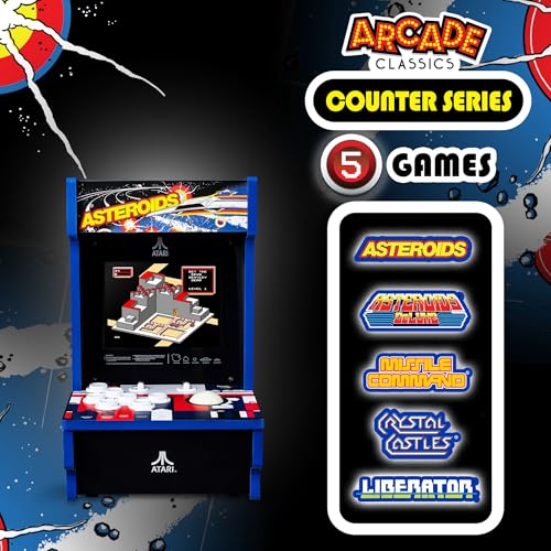 Arcade Classics - Atari Asteroids Counter Series Game Machine, 5 Games, 8" Liquid Crystal Screen - Mini Cabinet, Portable Gaming, Retro, Countertop Console, Basement Decoration, Man Cave