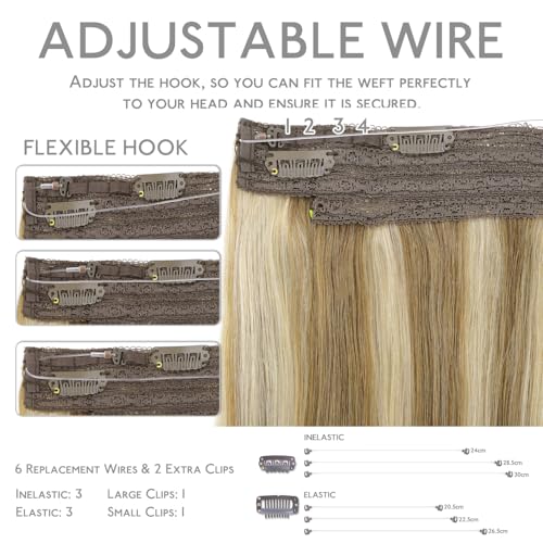 Image of WENNALIFE Wire Hair Extensions Real Human Hair 20 inch 140g Ash Brown with Platinum Blonde Highlights Remy Hair Invisible Transparent Wire Straight Reusable Natural Easy to Apply Reusable for Volume