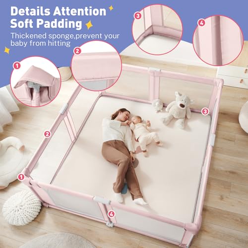 Image of Baby Playpen Portable, Pre-Assembled Play Pen 71x79 Large Foldable Playpen for Babies and Toddlers, Sturdy and Safe Toddler Play Yard Indoor Outdoor with Carry Bag, Pink