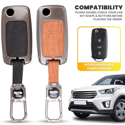 Image of Car Key Cover Compatible with Polo Vento Jetta Ameo Passat and Skoda Rapid Laura Superb Octavia Fabia Yeti 3-Button Smart Flip Key (Dual Leather Metal (Black & Brown))