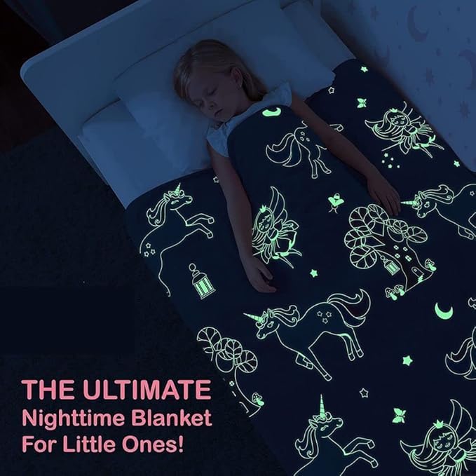Image of Glow-in-The-Dark Polar Fleece Blanket for Kids - Soft Lightweight Single Bed Blanket (200x152 cm) | All-Season Jacquard Print, Assorted Multicolor - Unicorn Design (Pink)