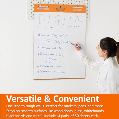 Image of Amazon Basics Sticky Easel Pads for Presentations, Whiteboard-Compatible, 25 x 30 Inch, Rectangular, White, 4-Pack
