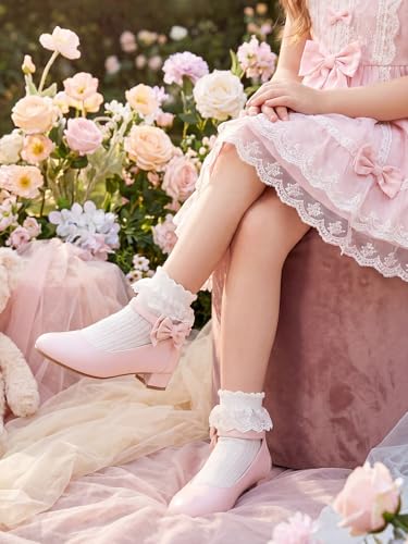 Image of Coutgo Girls Dress Shoes Flower Girl Bow Chunky Heels Closed Toe Ankle Strap Pumps Wedding Party Princess Shoes