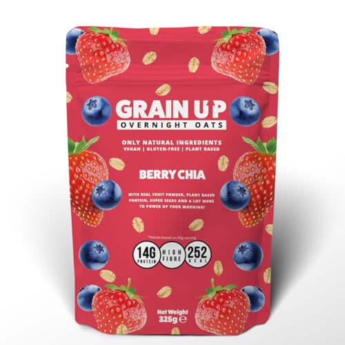 Grain UP - Overnight Oats, Mixed Berry Chia Fusion, Protein-Rich, No-Cook Breakfast with Real Fruit Powder & Plant-Based Protein, 325 g