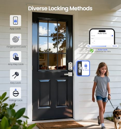 Image of Veise VE017-B Fingerprint Smart Lock with 2 Lever Handles Set, Satin Nickel | App Control, Fob, Touchscreen, Remote Access Sharing, Electronic Keypad, 8-in-1 Keyless Entry Deadbolt for Front Door