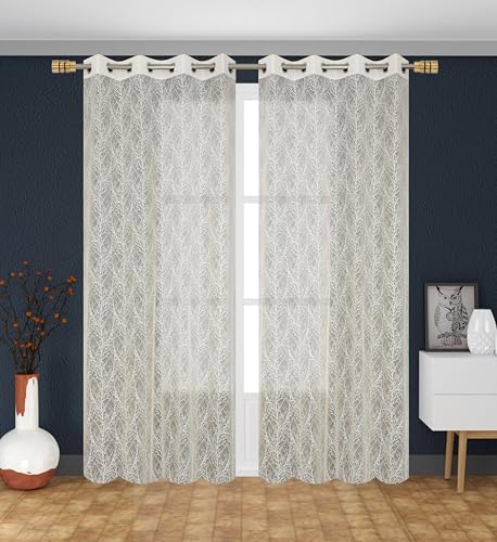 Image of Fabrilia Premium Cream Net Curtains Set of 2 | Sheer Leaf Pattern Drapes for Window 5 feet Long | Semi Transparent Lace Curtain for Living Room, Bedroom & Balcony