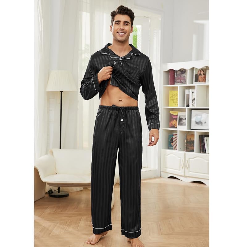 Image of U2SKIIN Silk Pajamas for Men, Long Sleeve Men Satin Pajamas Set Striped Button Down 2-Piece Pjs Set