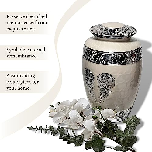 Image of Cremation Urns for Human Ashes Adult Female and Male - Large Decorative Burial Funeral Urn with Angel Wings Design, Pearl White