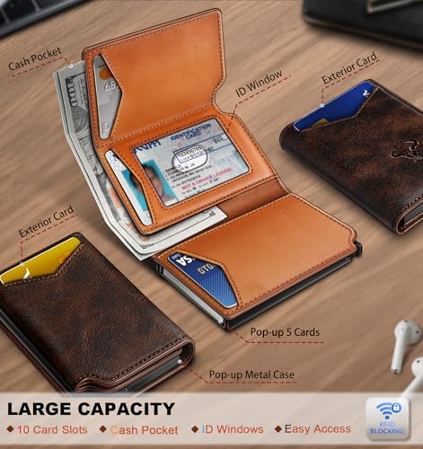 Image of BULLIANT Men Wallet Leather Wallet Card Holders Money Clip for Men 10Cards-Magnetic Flip on Metal Case
