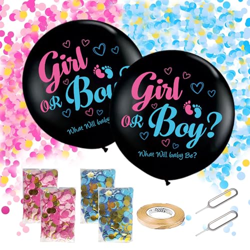 Soireeparty Gender Reveal Confetti Balloon - 2 Pieces 36 Inch Black Latex Balloon with Pink Blue Confetti Ribbons Pins for Girl Boy Ideas Baby Shower Party