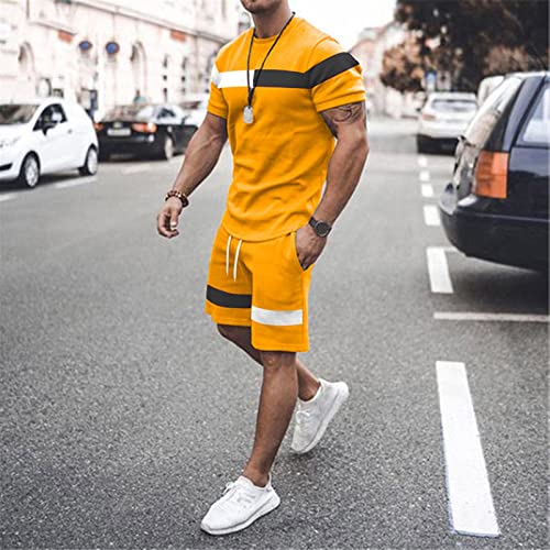 Duowei Windbreaker Suit For Men Men Summer Spring And Summer Striped Squares Tracksuit 2 Piece Outfits Short Jacket Costume Yellow #TOP6
