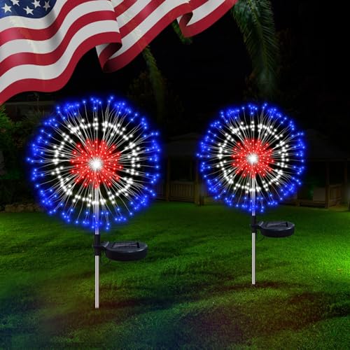 4th of July Decorations Solar Firework Lights 2 Pack 186 LED Red White and Blue Lights with 8 Lighting ModesSolar Garden Stake Lights for Outdoor Yard Pathway Patio Party Lawn Patriotic Decor