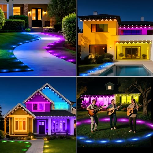 Image of Led Outdoor Ground Lights, Permanent Outdoor Lights for House with RGB Color Changing, Bluetooth Music Sync, IP67 Waterproof, Timer for Eaves Swimming Pool, Beach, Grassland (200 FT)