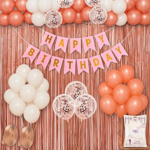 Image of Party Propz Rose Gold Birthday Decoration Kit - 39 Pcs with Happy Birthday Banner, Rose Gold Balloons, White Balloons, Foil Curtains, Confetti Ballons, Ribbons