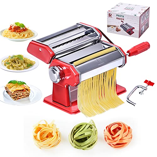 KitchenRaKu Manuelle Nudelmaschine, Nudelmaschine Edelstahl,7 einstellbare Dicke, Manuelle Pastamaschine mit abnehmbarem Griff, perfekt für hausgemachte Pasta, Lasagne, Spaghetti (rot) Cover