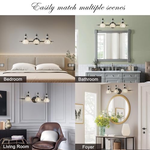 Image of Bathroom Vanity Light Fixtures, Farmhouse Vintage Wall Sconce Lighting with Glass Shade, Bath Vintage Wall Mounted Lamps for Mirror (3 Lights,Matte Black,G9 Base)