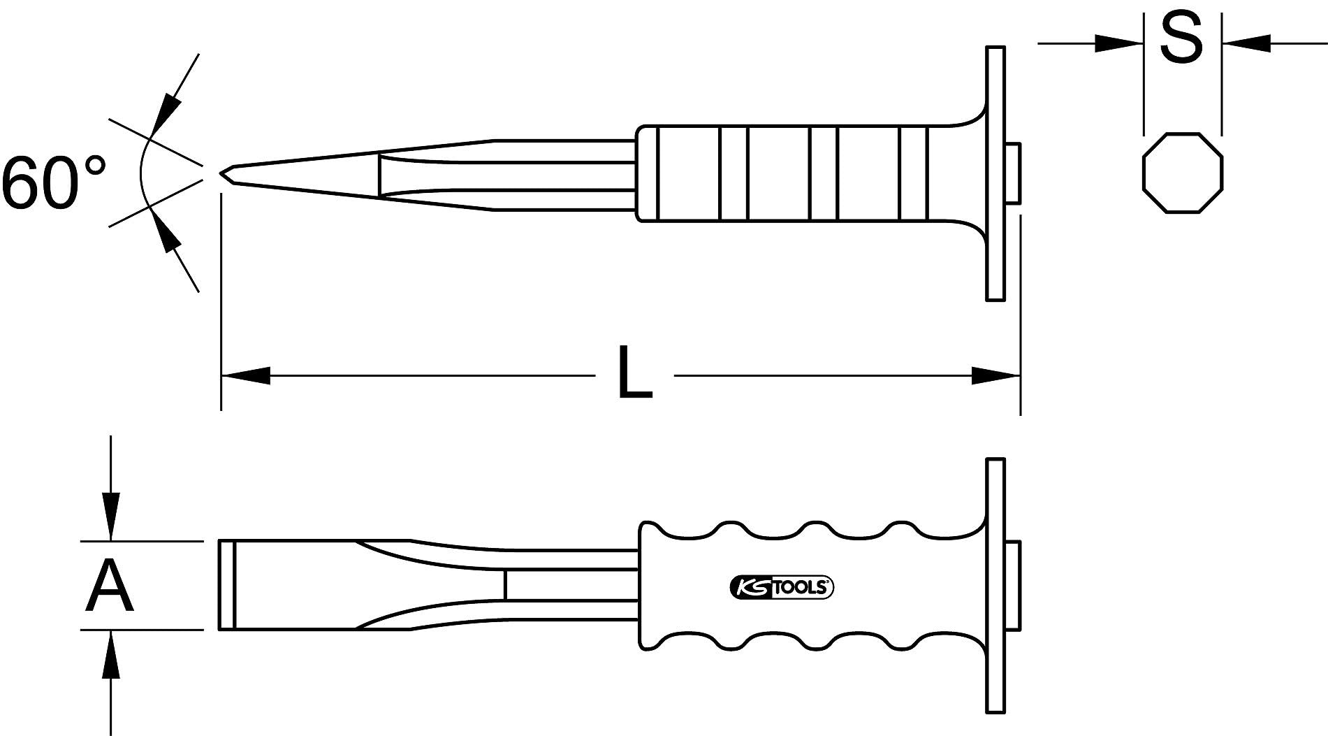 KS Tools 162.0226 Scalpello per Muratori con Impugnatura di Protezione, 33X500 mm, Ottagonale