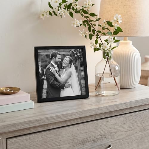 Image of Americanflat 8x8 Picture Frame with Shatter-Resistant Glass - Streamline Collection - Thin Border Square Frame for Tabletop and Wall Display - Hanging Hardware and Easel Stand Included - Black