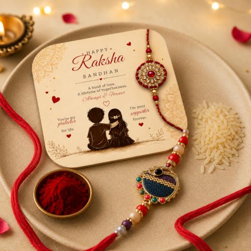 Image of PRINT BHARAT Rakhi for Brother with Coaster, Kumkum & Chawal | Traditional Beaded Thread Rakhi with Royal Kalai Thread | Raksha Bandhan Gift Hamper