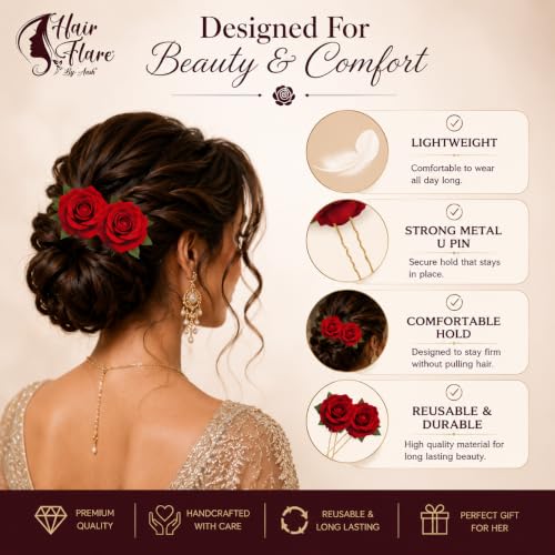 Image of Hair Flare Artificial Plastic & Metal Rose Flower with An Abundance of Petals Design Hairpin /Hair Clip /Judabun | Bridal Hair Accessories, Wedding, Festival for Women & Girls - 2700, Set of 2