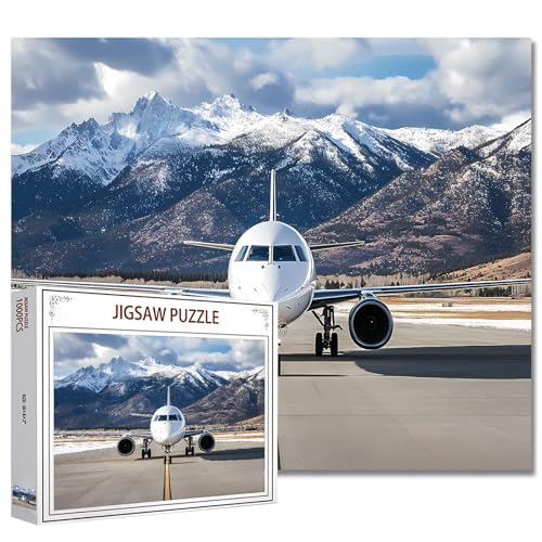White Airplane on the Runway Jigsaw Puzzle 1000 Pieces Puzzles for Adults, Snow Mountains Backround Jigsaw Puzzles for Challenging Family Activity Games DIY Puzzle for Home Wall Decor - 20 x 27 Inches